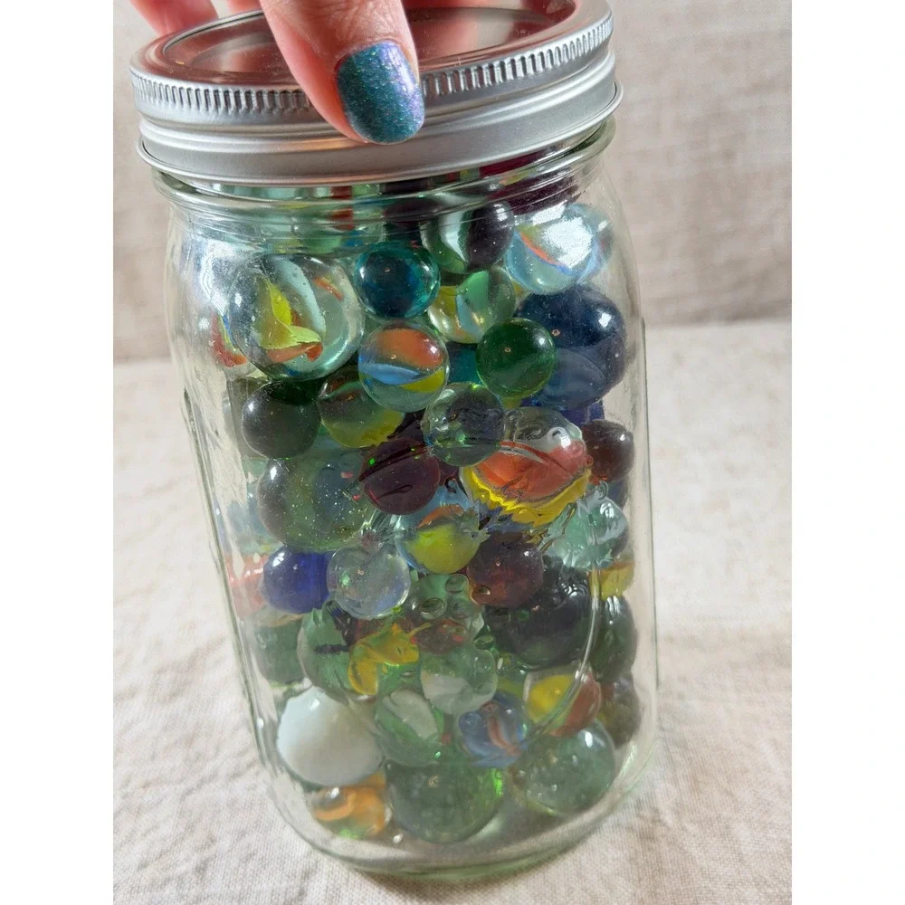Large Lot Vintage Glass Marbles Assorted Colors Styles in Glass Mason Jar Lid